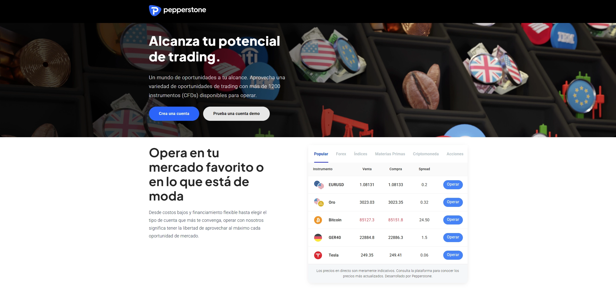 Página de CFD de Pepperstone mostrando la oferta principal del broker