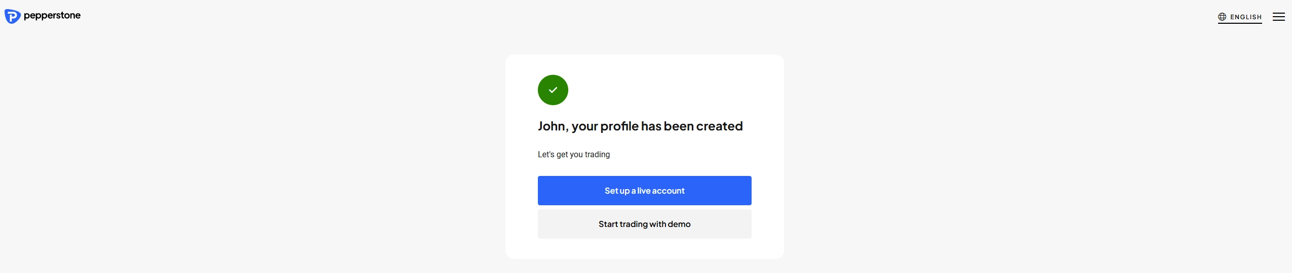 Pepperstone account opening process showing choice between demo and live account