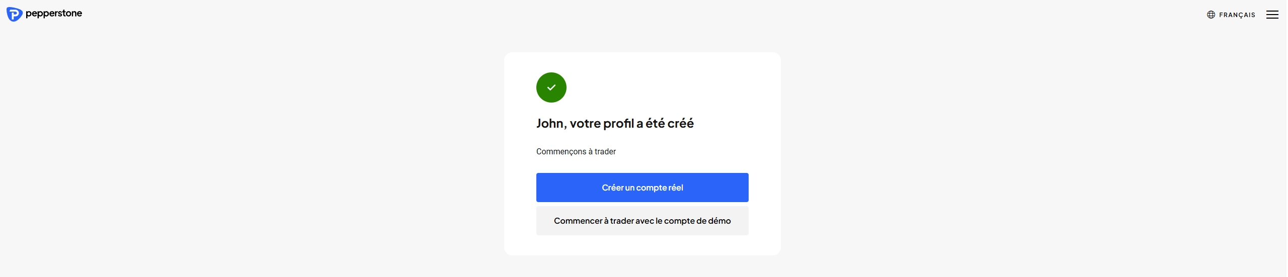 Processus d’ouverture de compte Pepperstone montrant le choix entre compte démo et compte réel