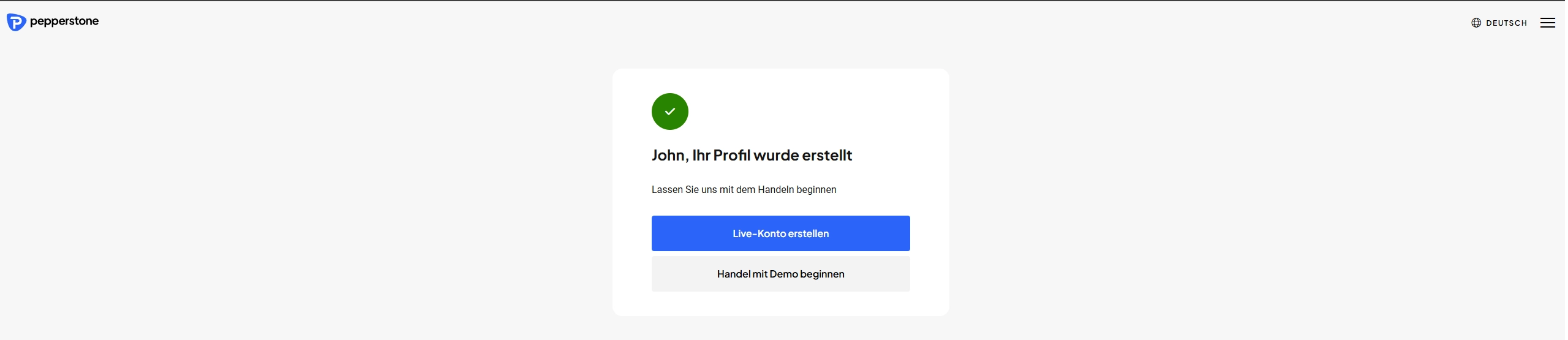 Kontoeröffnungsprozess bei Pepperstone mit Auswahl zwischen Demokonto und Live-Konto