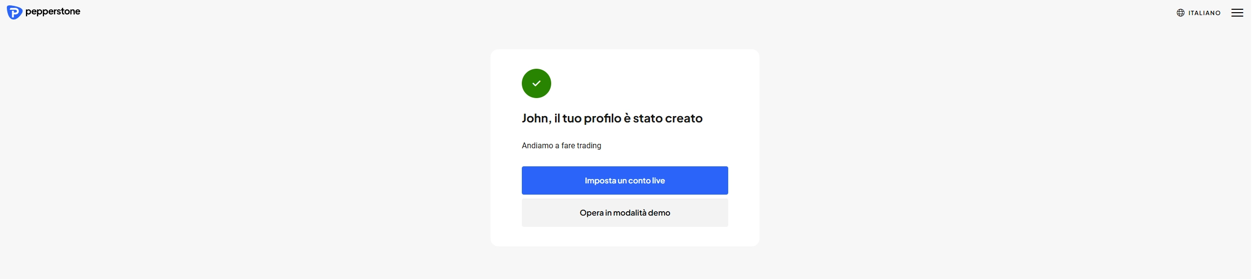 Processo di apertura conto Pepperstone mostrando la scelta tra conto demo e conto reale