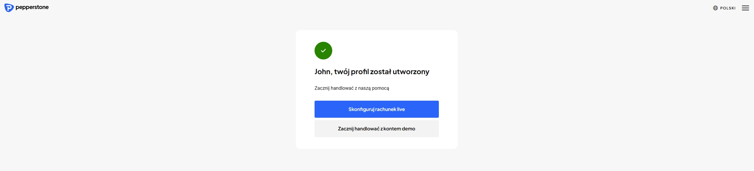 Proces otwierania konta Pepperstone z możliwością wyboru między kontem demo a kontem rzeczywistym