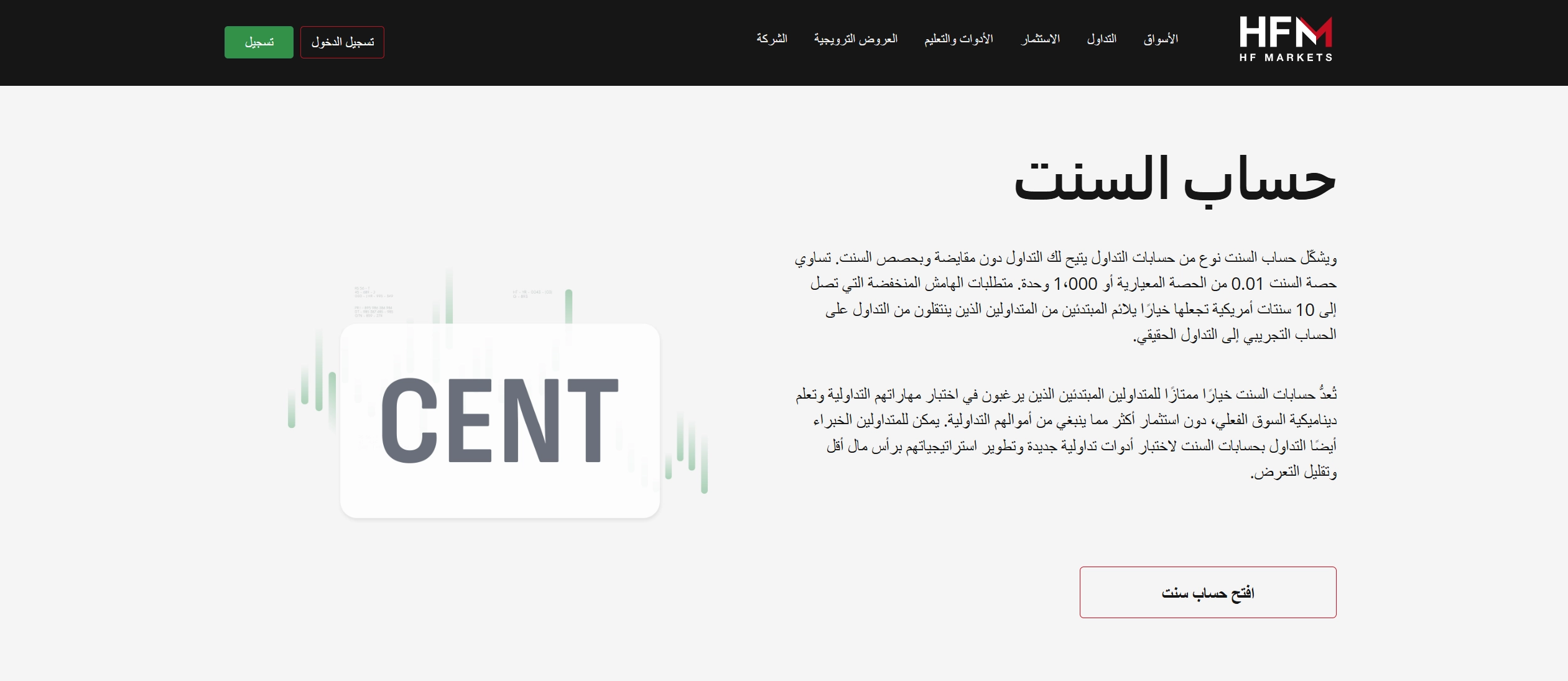 نظرة عامة على حساب Cent لدى الوسيط HFM مع الميزات
