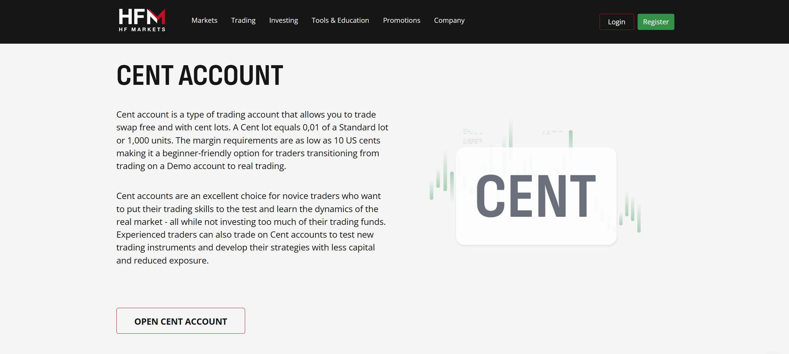 HFM broker Cent Account overview with features