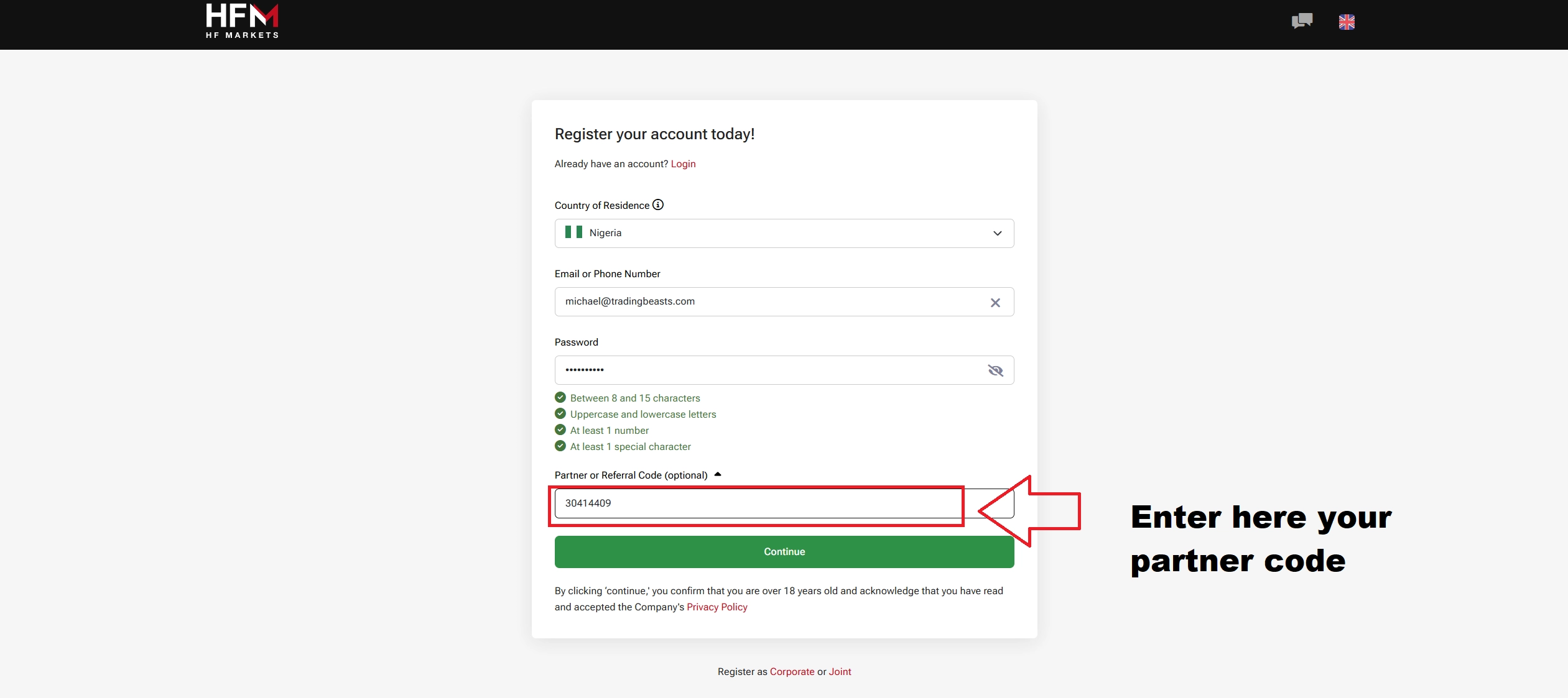 HFM account registration process with option to enter referral code