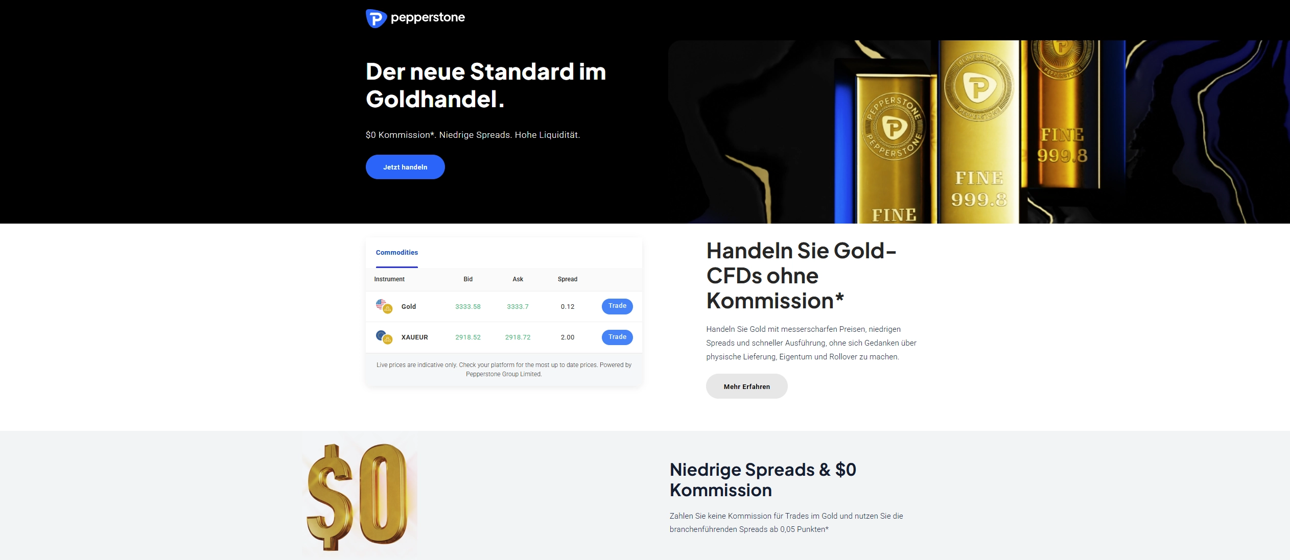 Pepperstone Gold-Handelsseite mit Handelsbedingungen und verfügbaren Angeboten