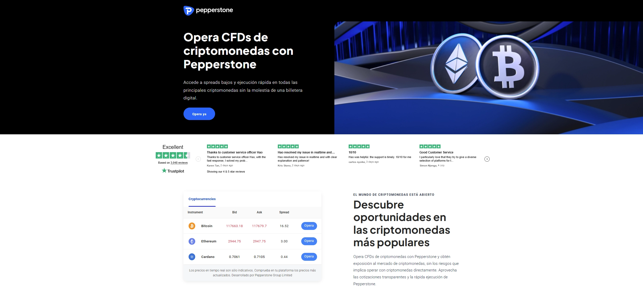 Página de Trading de Criptomonedas Pepperstone
