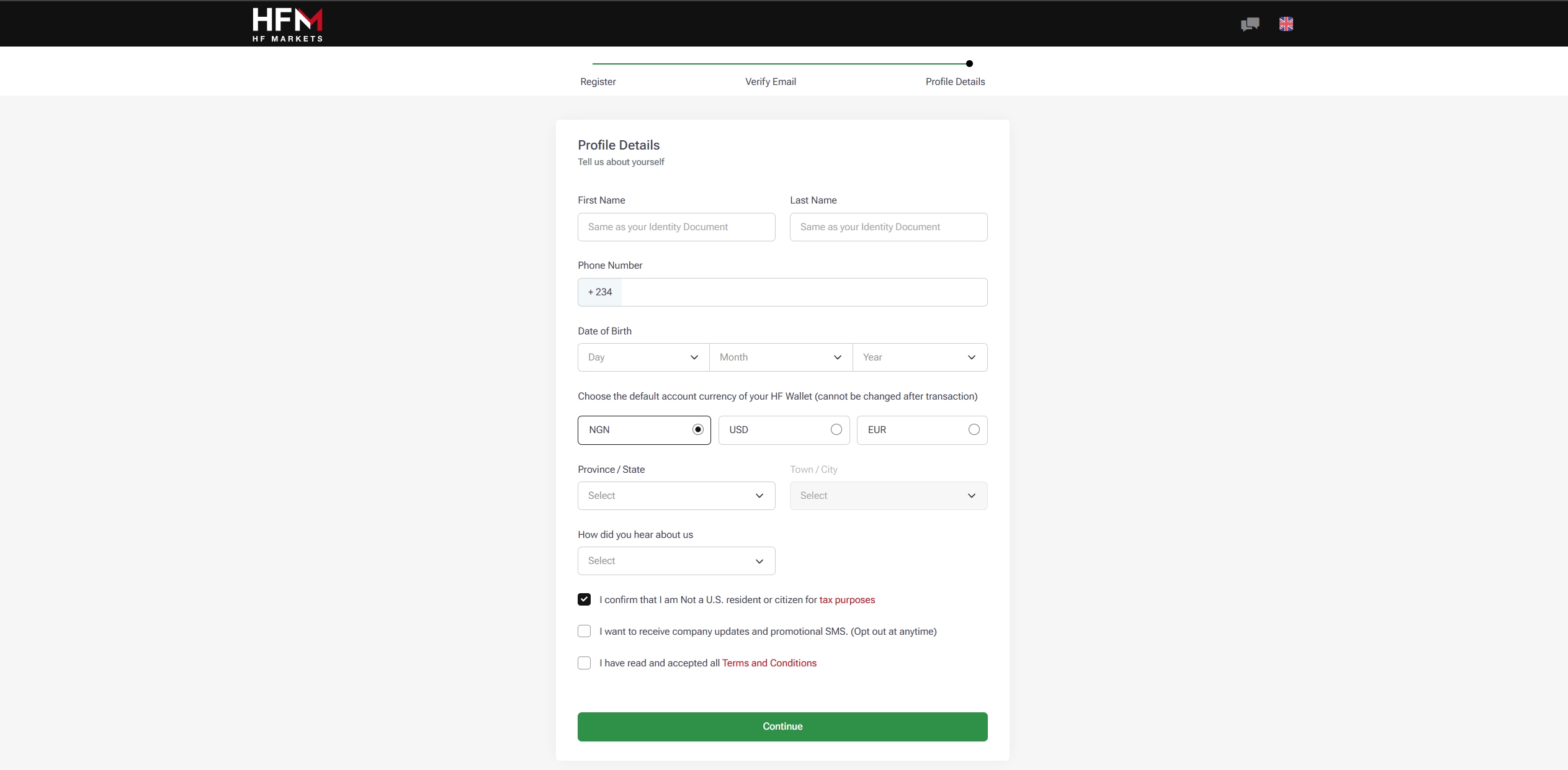 HFM account registration form