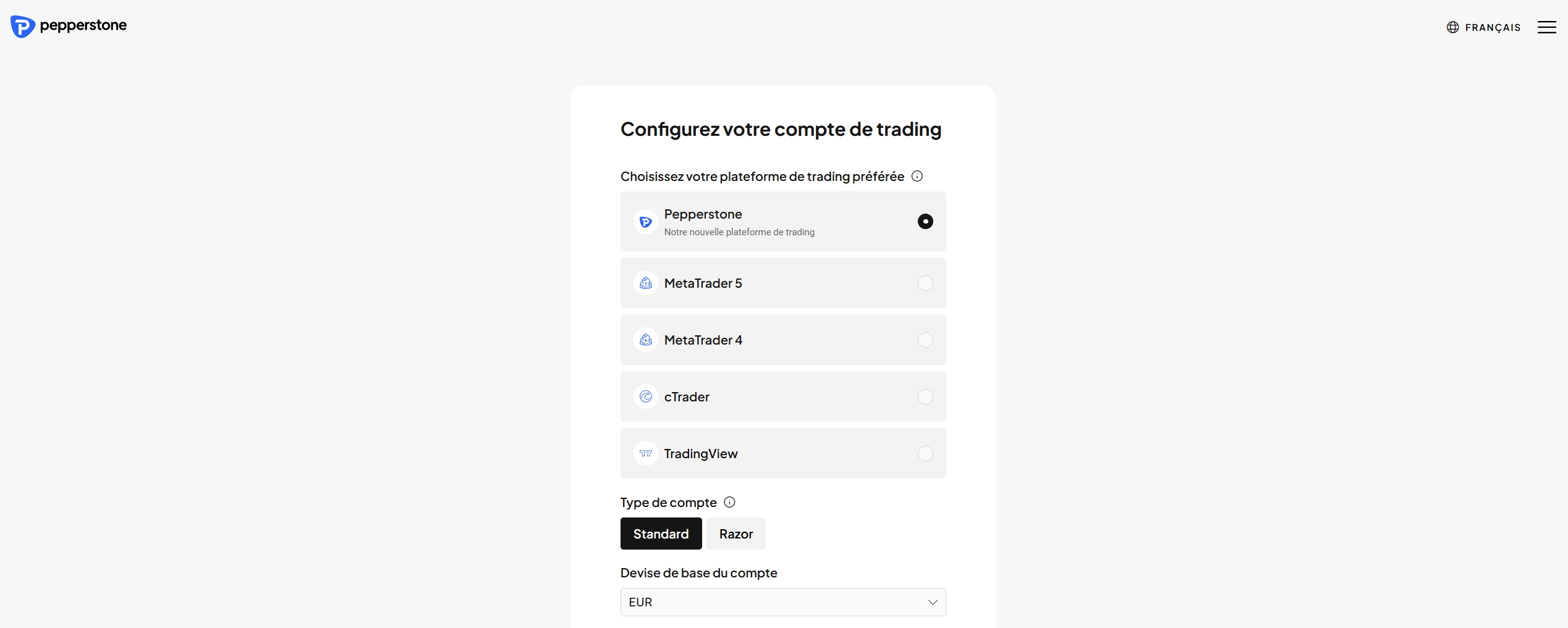 Sélection de la Plateforme Pepperstone