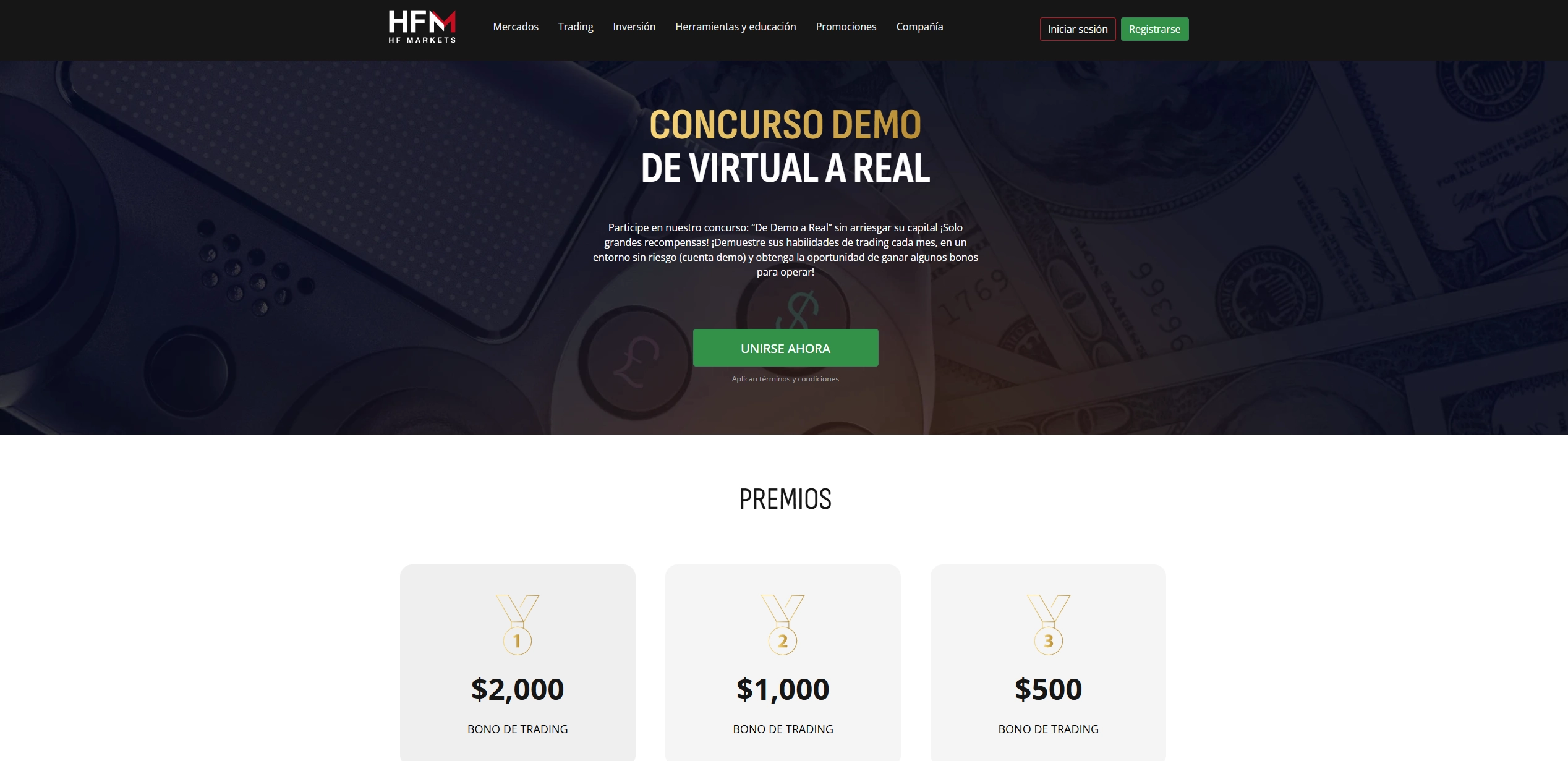 Competencia de trading demo de HFM mostrando las condiciones de participación