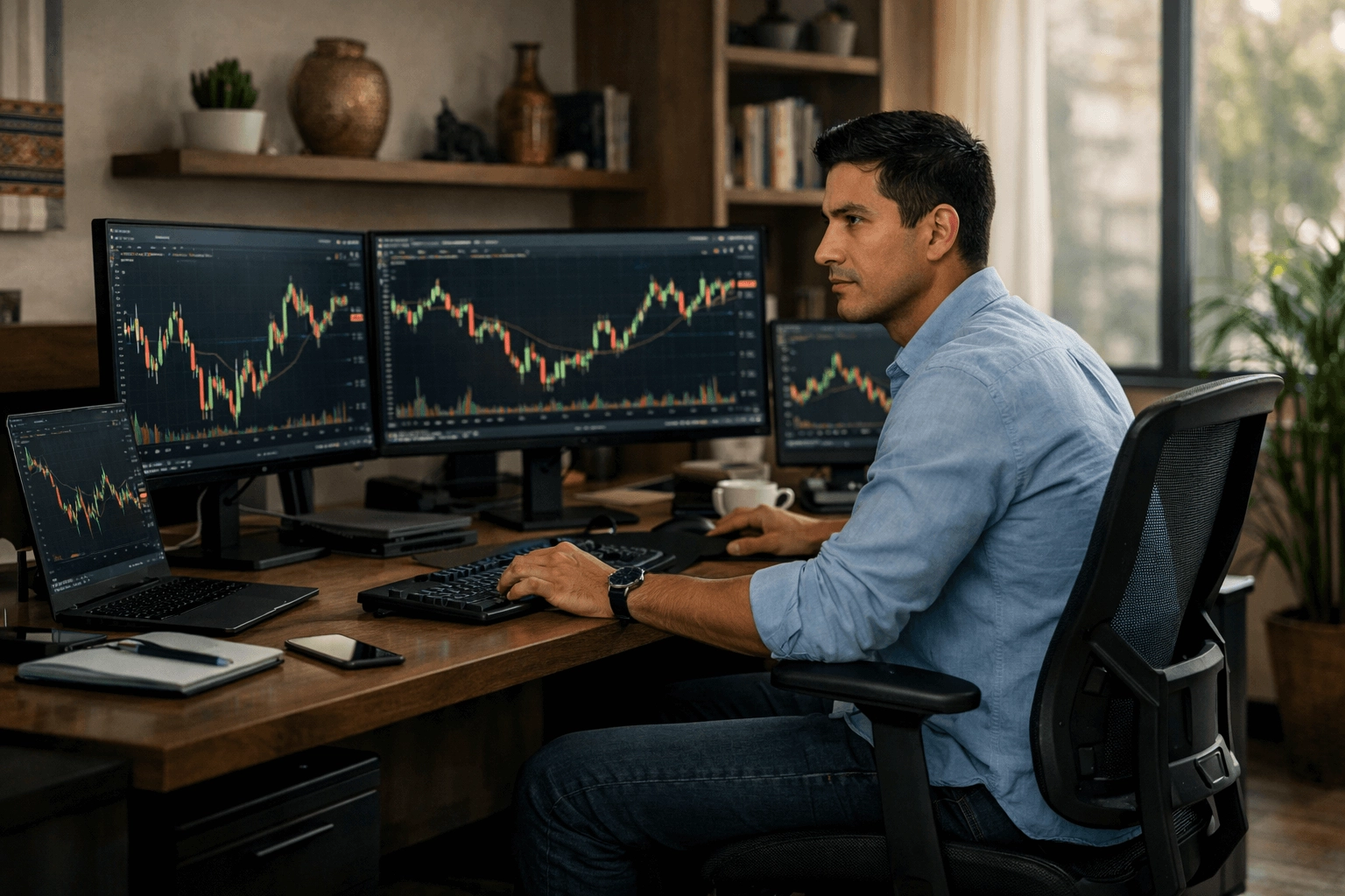 Latam trader sitting in an office in front of a computer with trading charts on the screen.