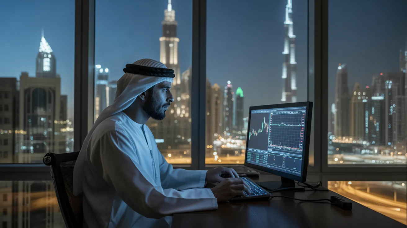 تاجر مسلم جالس في مكتب أمام كمبيوتر عليه شاشات تعرض مخططات التداول.