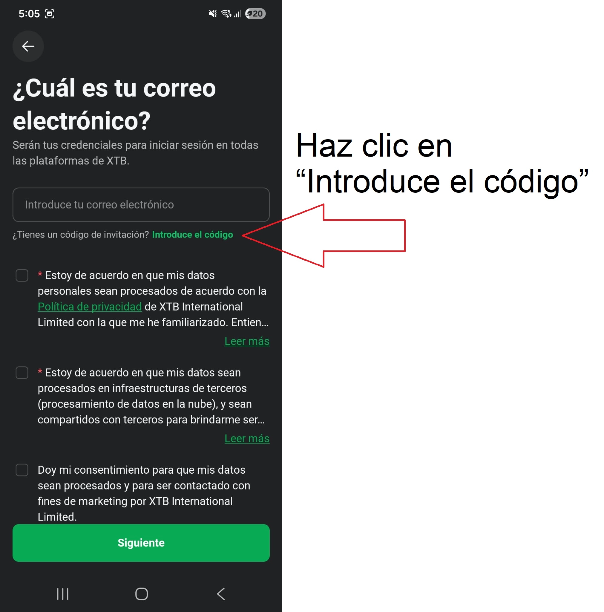 Captura de pantalla de la app de XTB mostrando dónde ingresar tu código de referido XTB.