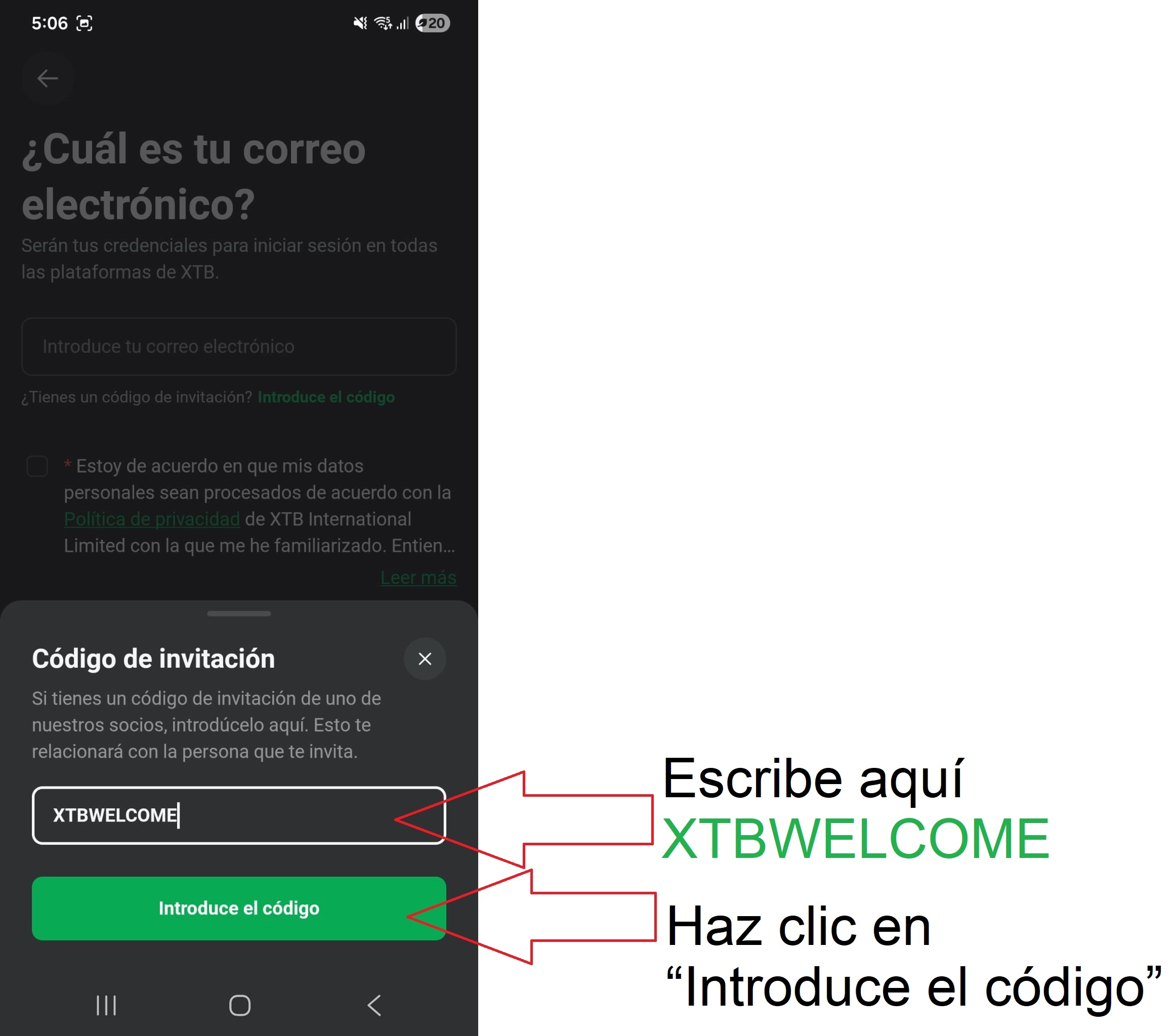 Captura de pantalla de la app de XTB mostrando dónde ingresar tu código de referido XTB.