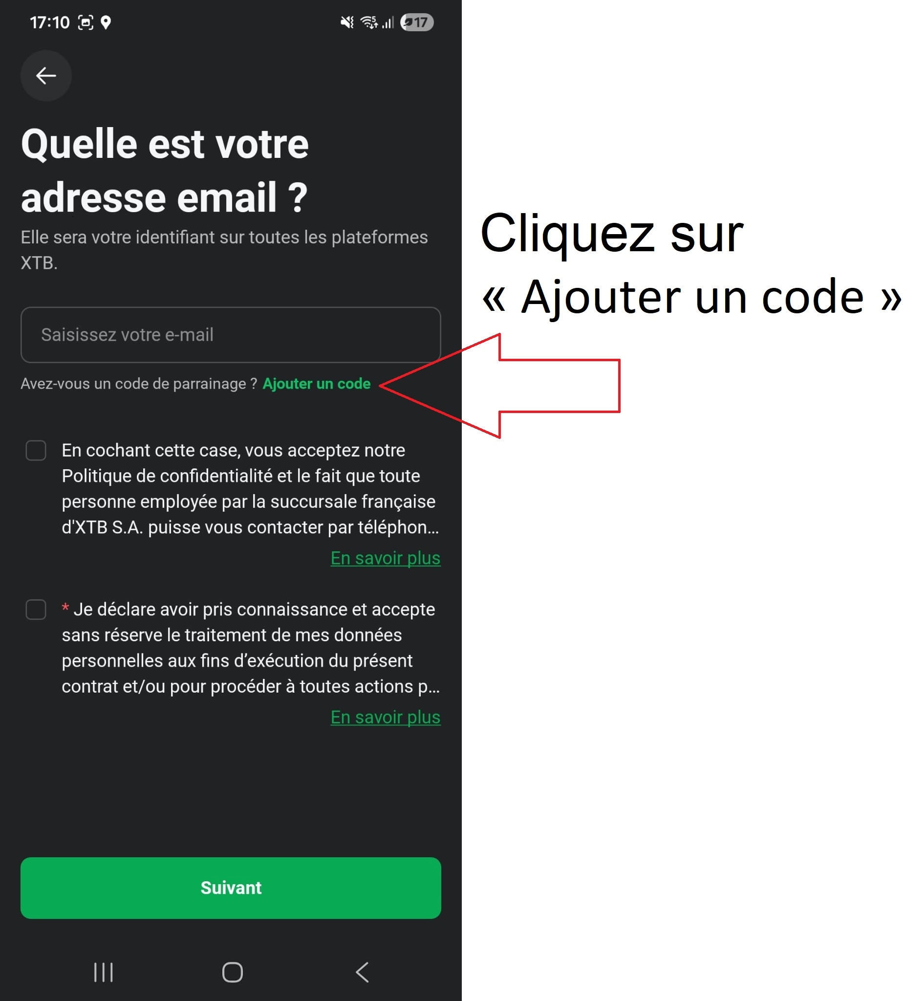 Capture d’écran de l’application XTB montrant où saisir votre code de parrainage XTB
