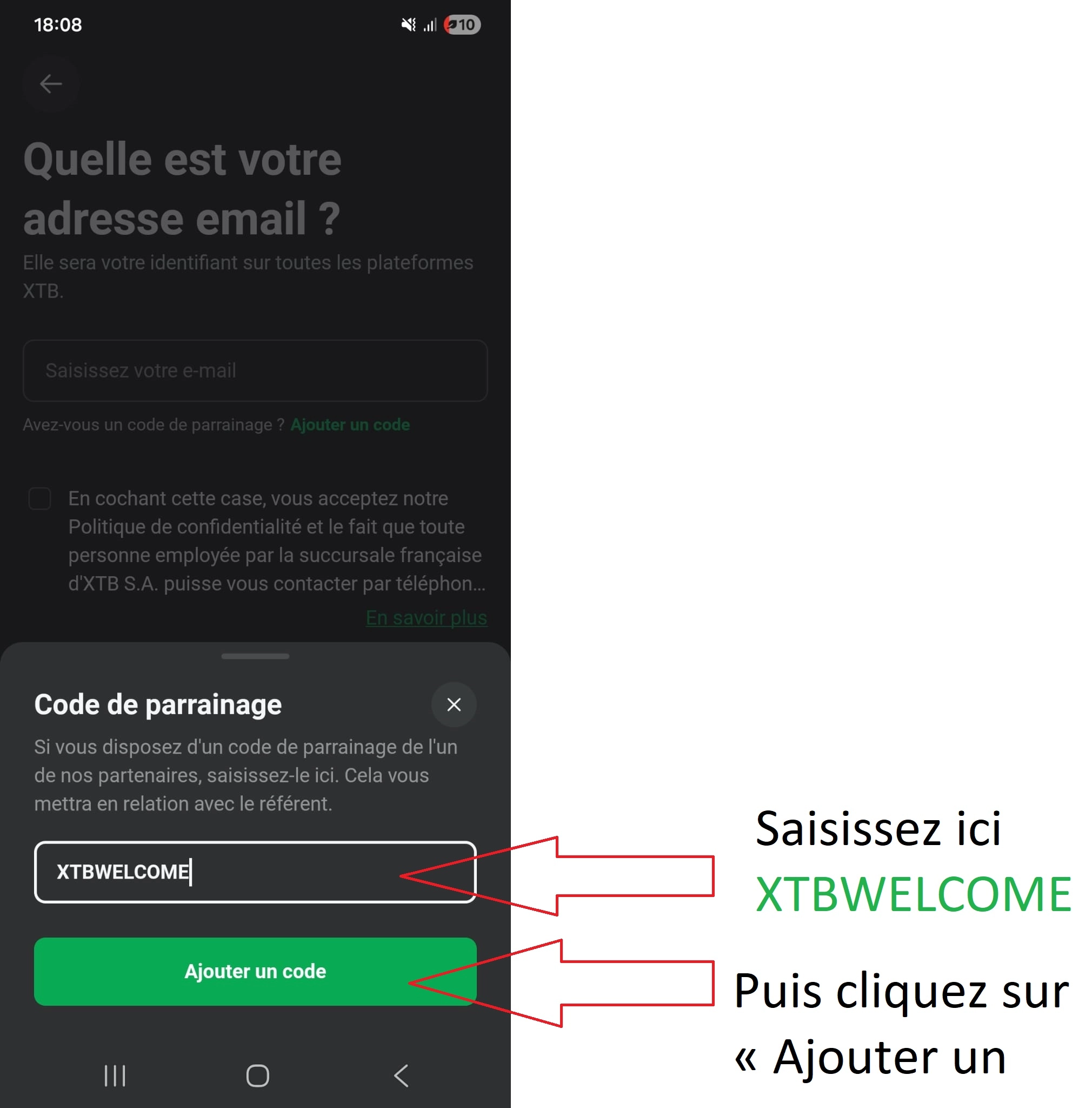 Capture d’écran de l’application XTB montrant où saisir votre code de parrainage XTB