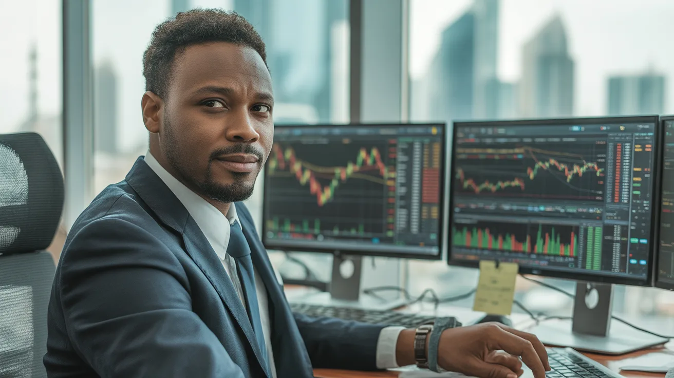 Black trader sitting in an office in front of a computer with trading charts on the screen.