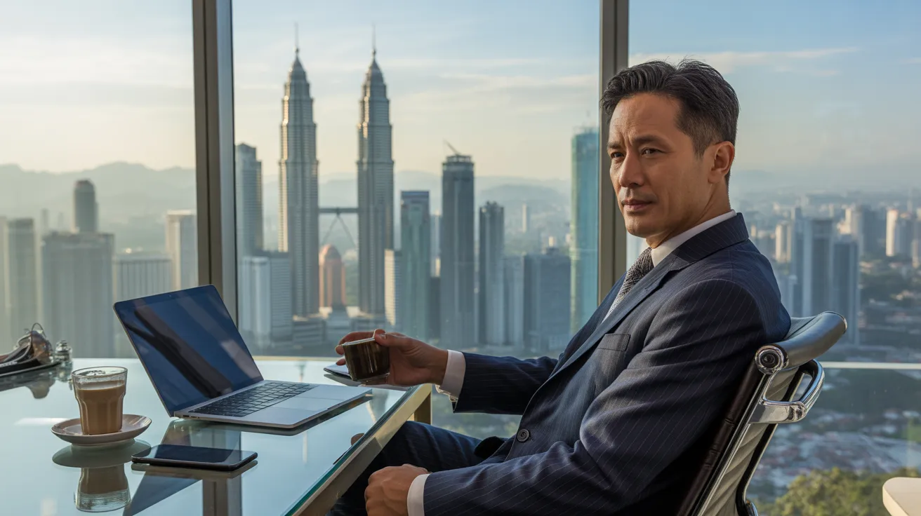 Asian trader sitting in an office in front of a computer with trading charts on the screen.