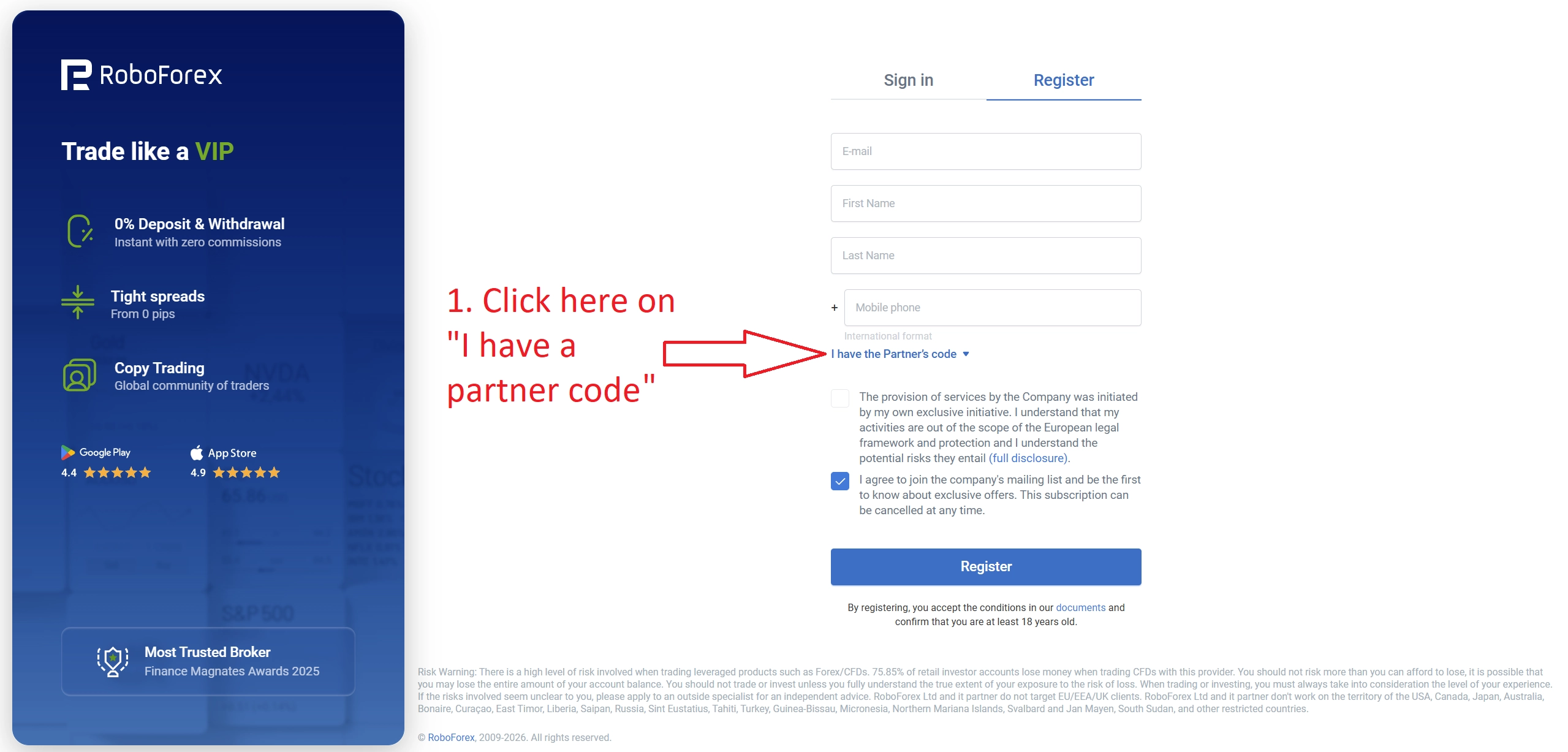 A page featuring where to enter the Roboforex Partner code