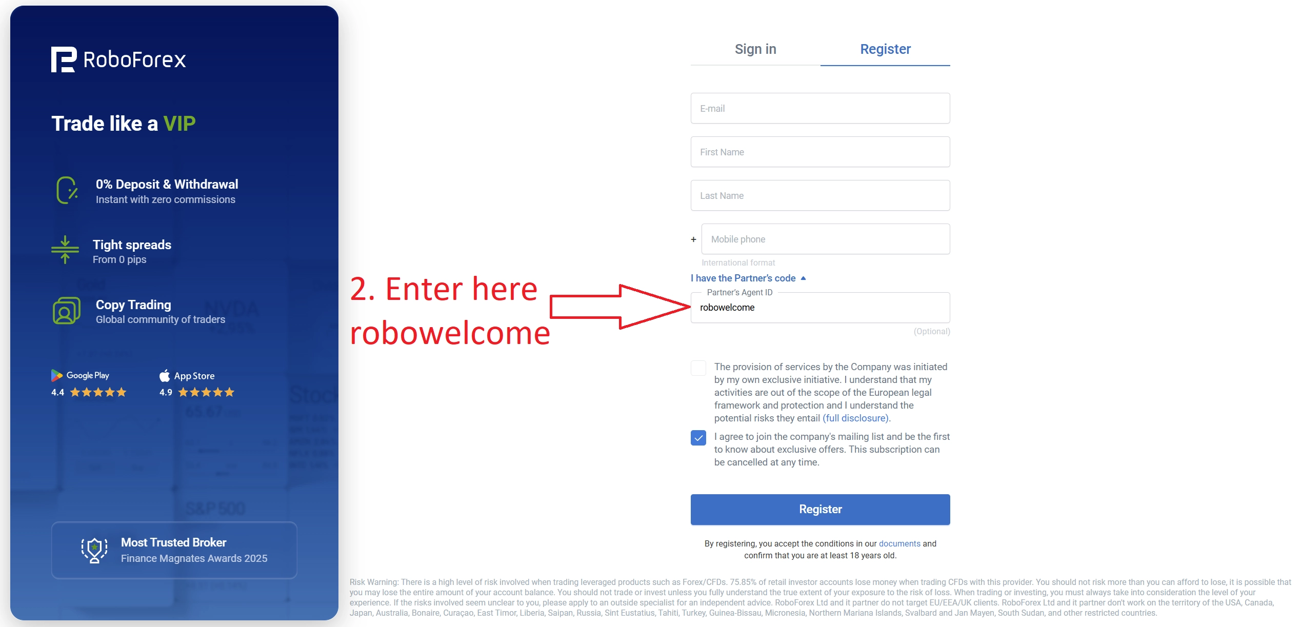 A page featuring where to enter the Roboforex Partner code